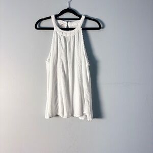 Blanco White Cotton Halter Top Crochet Lace Trim Boho Gauze Blouse Large